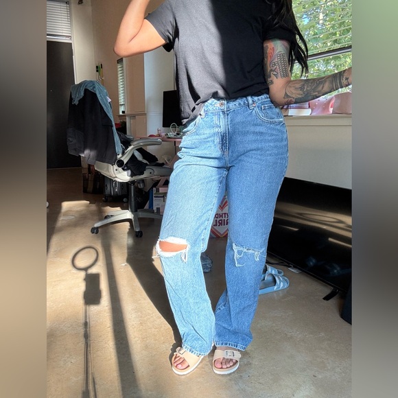 Garage Denim - Garage High Waisted Distressed Straight Leg Blue Jeans